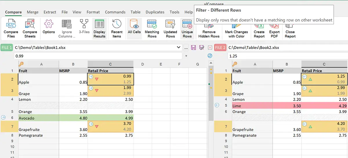 Using Spreadsheet Compare Tool to filter Unique Rows