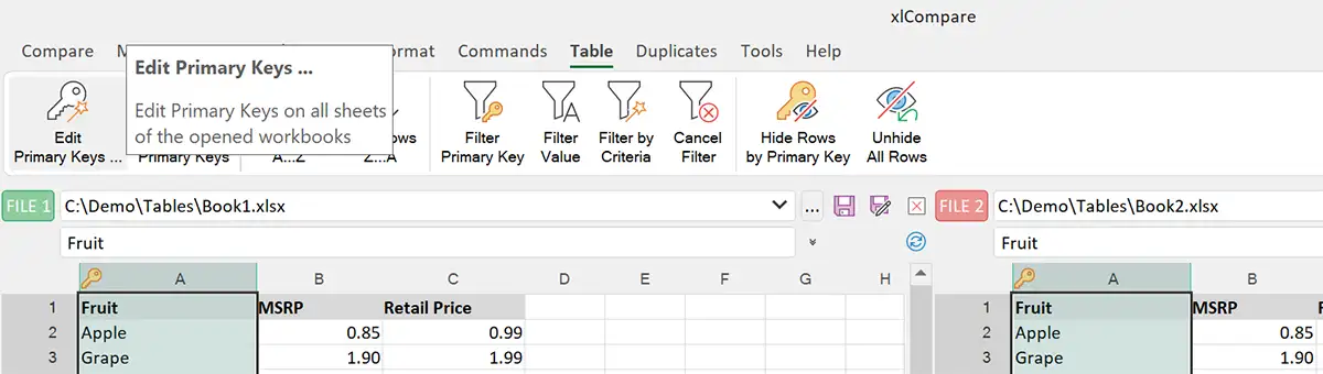 Edit Primary Keys menu command