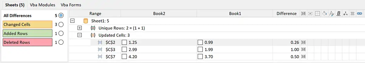 Summary of changes in xlCompare